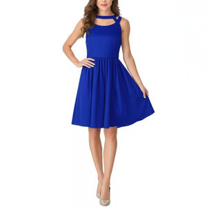 Lulu's Sleeveless Dress Large Royal Blue Cut-Out‎ Neckline Flared Summer Resort